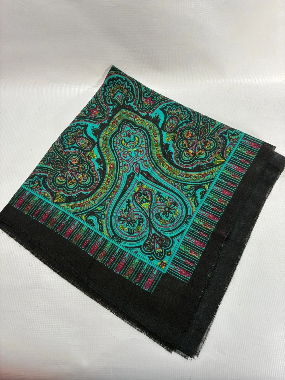 VTG Tie Rack Cinzia Fiori Teal Paisley Square Scarf Eyelash Fringe